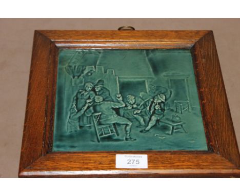 AN OAK FRAMED WALL HANGING GREEN MINTON TILE 