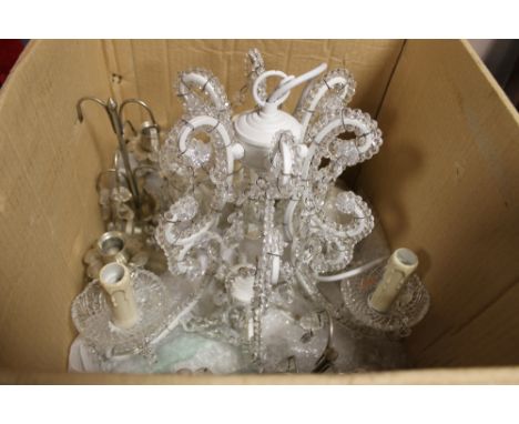 A MODERN CHANDELIER TOGETHER WITH A PAIR OF CANDELABRA LIGHTS