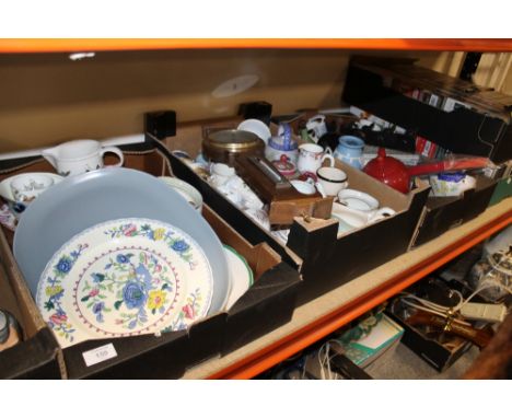 THREE TRAYS OF CHINA AND CERAMICS TO INCLUDE POOLE, MASONS, BAROMETER ETC