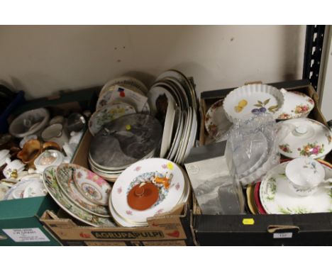 THREE TRAYS OF CERAMICS AND CHINA TO INCLUDE ROYAL ALBERT, ROYAL WORCESTER, COLLECTORS PLATES ETC PLUS TWO BOXES OF WALL PLAT