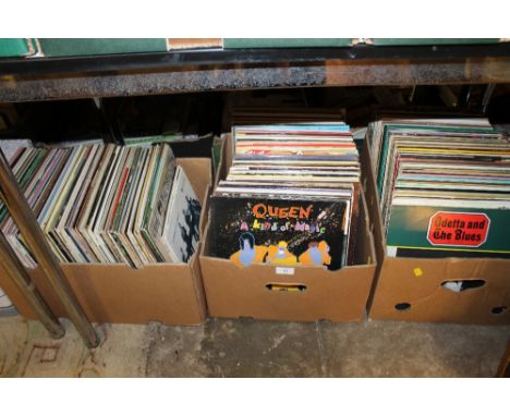 THREE BOXES OF LP RECORDS TO INCLUDE QUEEN, MICHAEL JACKSON ETC.