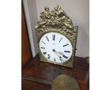 A FRENCH COMTOISE STYLE HANGING WALL CLOCK WITH ENAMEL FACE - KEY / PENDULUM
