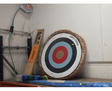 A BOW & ARROW SET TOGETHER WITH A TARGET ETC