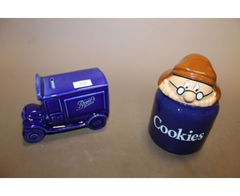 A WADE TETLEY COOKIE JAR TOGETHER WITH A WADE BOOTS VAN CERAMIC MONEY BOX 