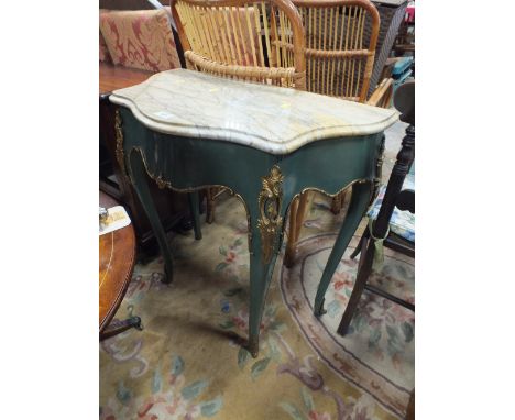 A SHAPED MARBLE TOPPED PAINTED CONSOLE TABLE