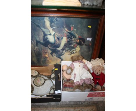 A SELECTION OF TEDDY BEARS, BLANKET AND A CHARGE OF THE LIGHT BRIGADE PRINT 