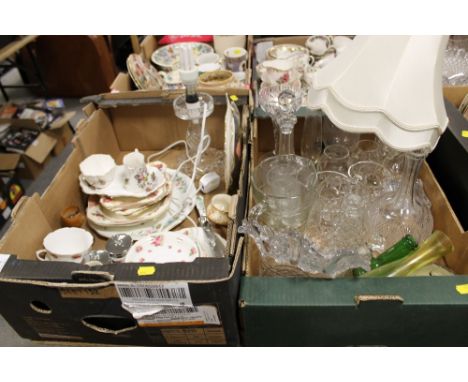 A TRAY OF CUT GLASS TO INCLUDE A CUT GLASS LAMP TOGETHER WITH A TRAY OF ASSORTED CHINA INC ROYAL DOULTON ETC