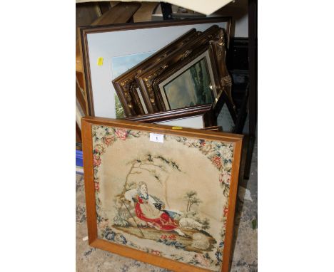 A TRAY OF ASSORTED PICTURES AND PRINTS TO INCLUDE VINTAGE NEEDLEWORKS 