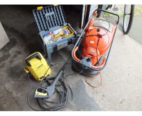 A FLYMO LAWN MOWER & KARCHER PRESSURE WASHER PLUS TOOL STOOL