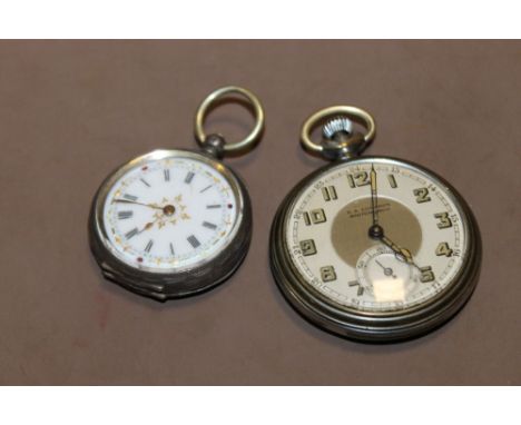 A VINTAGE SILVER ENAMELLED DIAL FOB WATCH TOGETHER WITH AN R.A EDWARDS OF WHITCHURCH POCKET WATCH (2) 