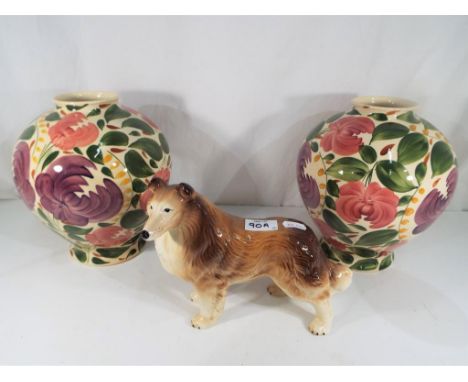 A large pair of Wade Harvestware bulbous form vases with floral decoration and a Melba Ware model of a collie (3)