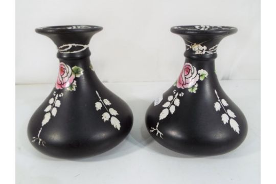 Shelley A Pair Of Shelley Vases Decorated With Roses On A Black