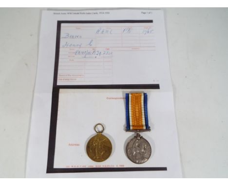 A World War One (WW1) medal pair comprising The Victory Medal and British War Medal awarded to Private Henry C Brown, Royal A