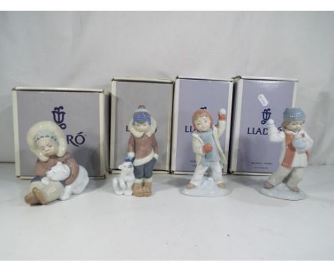 Lladro - Four boxed Lladro figurines to include 1195 'Eskimo Playing', 8166 'I'll Get You', 8167 'Watch Out Here It Comes' an