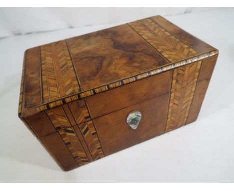 A 19th century crossbanded burr walnut twin-division tea caddy with mahogany square lids, approx 10 cm (h) x 18 cm (w) x 10.5