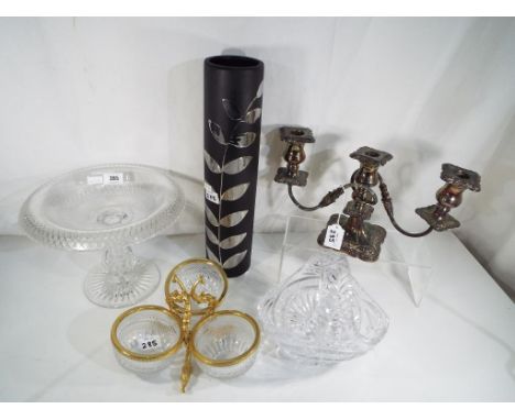 A good mixed lot to include a good quality glass centrepiece, glass basket and bon bon dish with gilded dragon detailing, a m