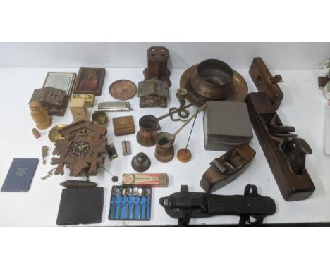 Collectables to include three vintage woodworking planes, a brass bell, a brass candlestick fashioned as a snake, a Hohner ha