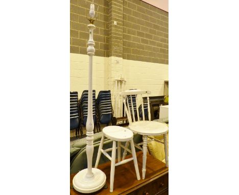 Three pieces of white painted furniture including a standard lamp with paw feet.