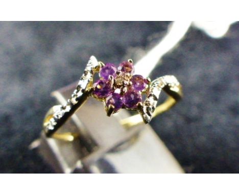 9 ct gold amethyst & diamond ring. Size O.