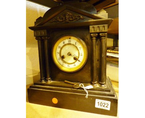 Victorian black slate mantle clock with key