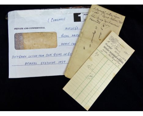 Letter from Captain (later Admiral) Byng executed 1757 with original Sotheby lotting card dated 1924 and an admit 2 Box Seats