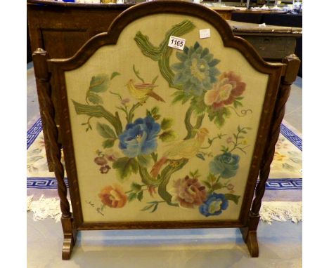Oak barley twist wool work firescreen. Wool work signed Julia Rayner. 