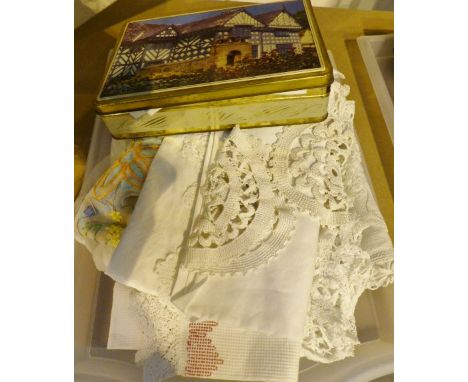 Tray of vintage linen