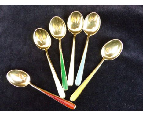 Set of six sterling silver and enamel coffee spoons. 42g