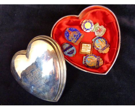 Heart shaped Butlins trinket box containing seven enamel Butlins vintage badges from 1940s - 1950s