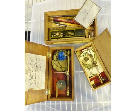 A tray of mainly antique writing pens and a boxed jewellery scales