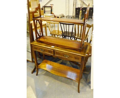 Inlaid two tier console table with two drawers and a hanging two shelf unit. 