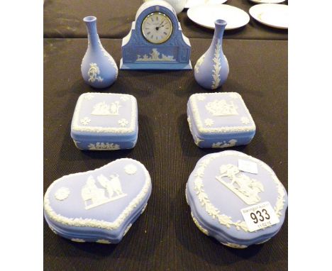 Wedgwood Jasperware clock,  two vases and four trinket boxes