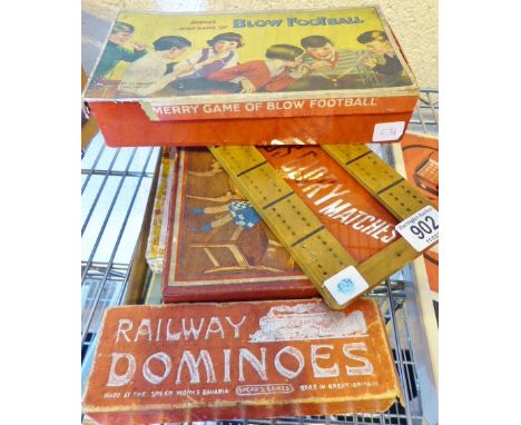 Vintage games including Spears blow football, Railway dominoes and Englands Glory advertising crib board.