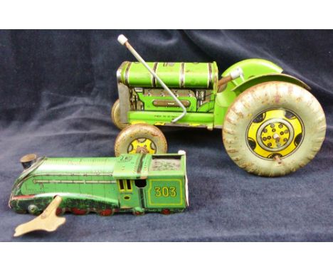 Two early tinplate toys, a train and a farm tractor. A/F