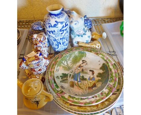 Selection of modern Chinese ceramics including three lidded jars, two small tea or wine pots, pair of Imari frogs, ceramic ca