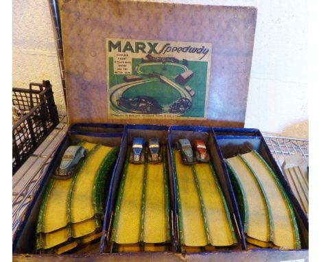 Original boxed vintage Marx Speedway toy tinplate racing cars and track by Louis Marx & Co Ltd 