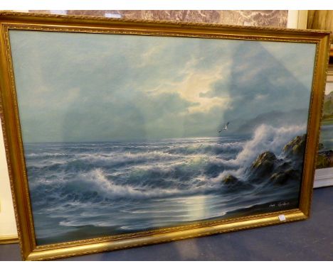 A large gilt framed oil on canvas seascape, signed lower right Joe Jayston. 40 x 60 cm