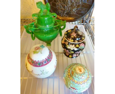 Selection of four late 20thC Chinese pots including a moulded tripod censer with ring handles