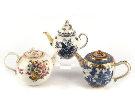 A later decorated Meissen porcelain globular teapot, painted with sprays of flowers, 15cm high, together with a Staffordshire