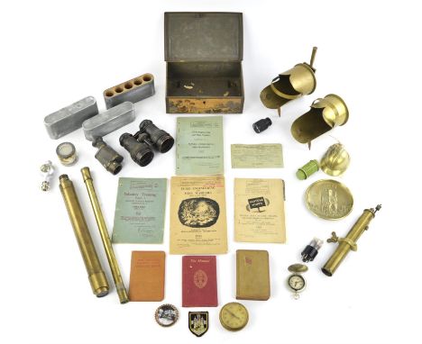 Militaria ; including ; valves, tubes and lamp bulbs, optical instruments, trench art scuttles, training manuals, and other i