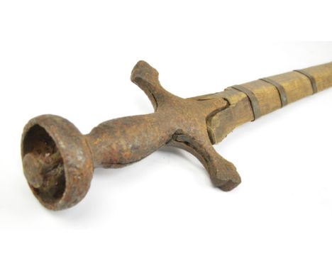 An old and weathered double edged steel sword with a steel Tulwar type hilt, 70cm blade, wooden scabbard with metal bands.Not
