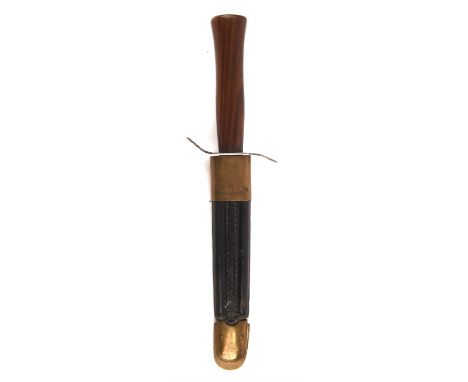 A French M-1916 Ptn "Le Vengeur" fighting knife by Pataud, Thiers, 16.7cm spear tip blade, with brass bound leather scabbard.