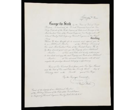 A George VI signed Military O. B. E. certificate to Temporary Warrant Engineer Stanley Ball, B. E. M., R. N.  ( Awarded for b