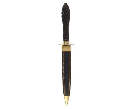 A Manson, Sheffield spear point knife, the chequered ebony grip with 18.2cm blade etched on one side with foliate scrolls, or