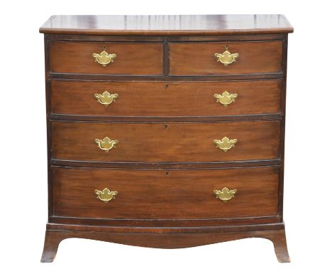 A Regency mahogany bowfront chest of drawers, with two short and three long drawers, on splayed bracket feet, H 96cm, W 98cm,
