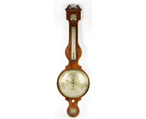 A George III mahogany barometer, by F Amadio, No 118 St John Str Road, inlaid with stringing and with broken arch pediment, H