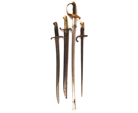 French M1866 chassepot sword bayonet, 57cm blade with steel scabbard, 1856 pattern Yataghan Sword Bayonet, 58cm blade, no sca