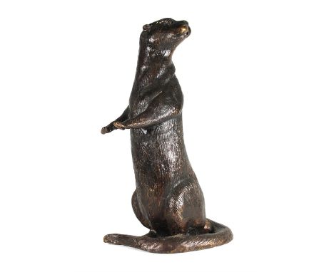 A modern, brown patinated bronze water fountain sculpture depicting an otter, un-signed, 53cm high.