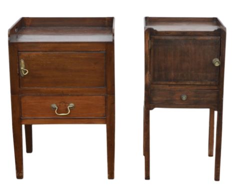 A George III mahogany tray top bedside cabinet, with a cupboard and a pull out commode drawer, H 76cm, W 50cm, D 43cm, togeth