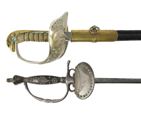 An RAF Officers sword with straight polished steel blade (83cm), basket type hilt and a wire bound shagreen grip in a brass b